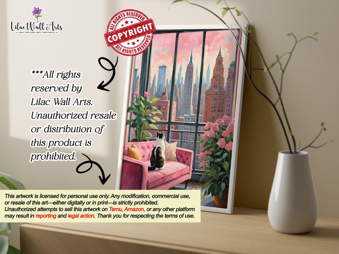 Calico Cat Pink Couch City Skyline Sunset Rose Window Poster - Image 3