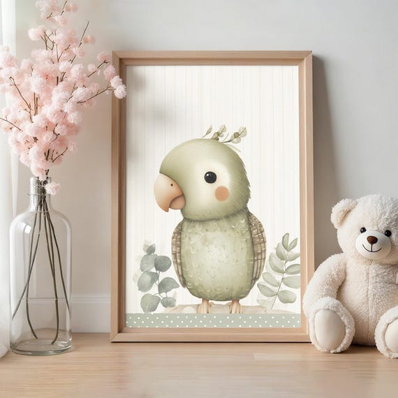 Playful Nursery Wall Art Green Parrot Kids Room Print