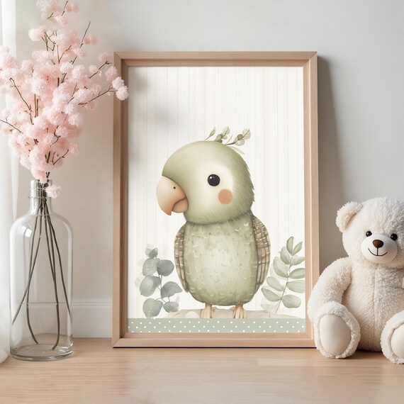 Sweet Green Parrot Baby Bird Nursery Illustration Poster for Kids