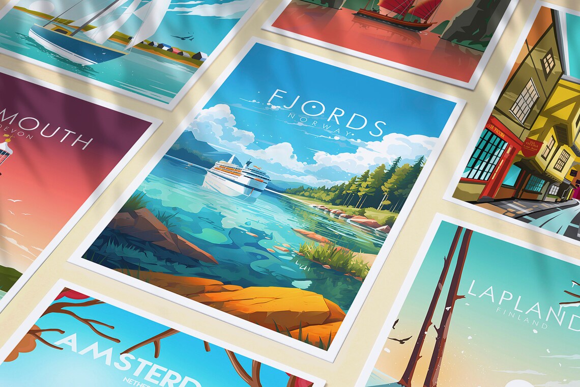 Norway Fjords Forested Shores and Cruise Ship Scene View Poster - Image 3