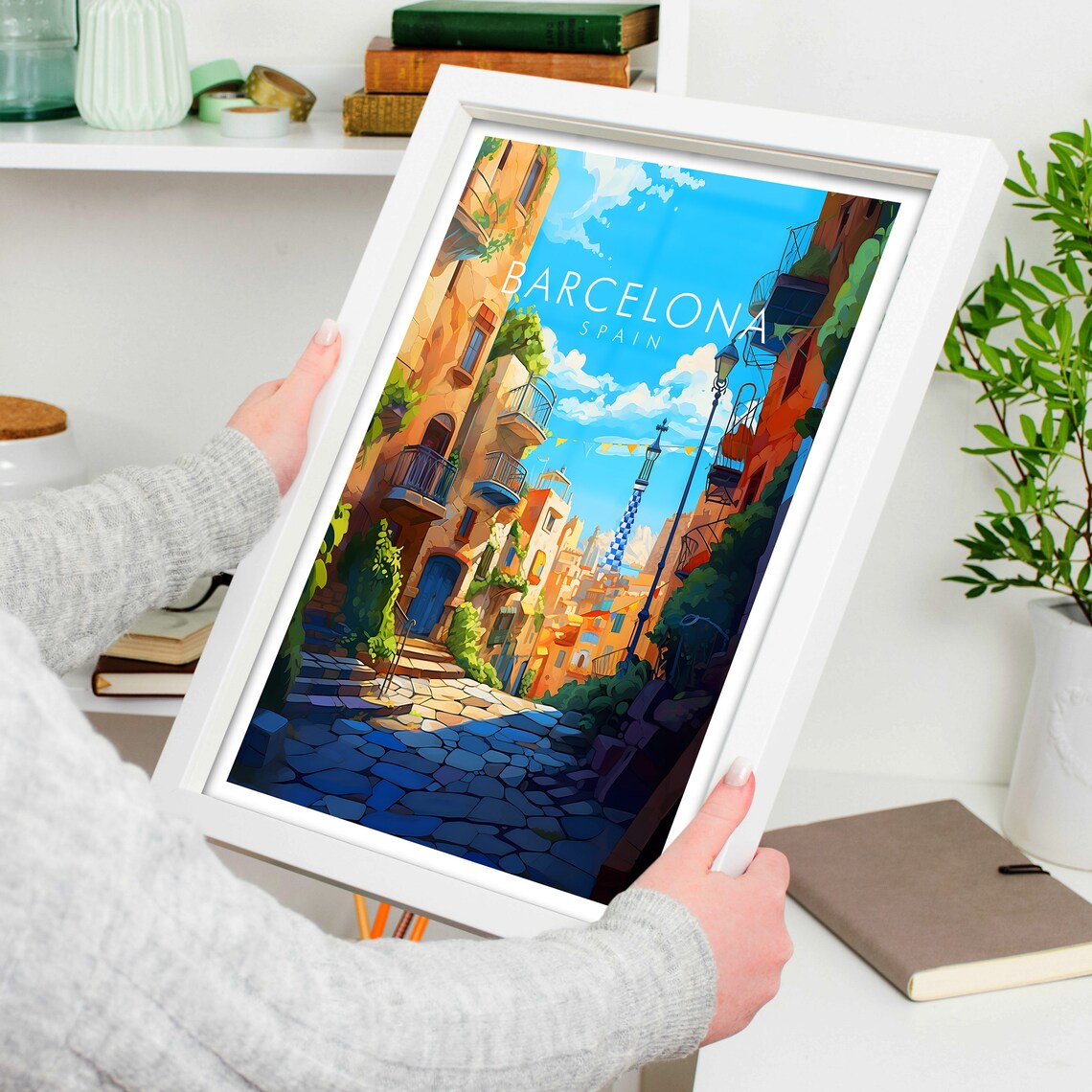 Barcelona Spain Old Town Cobblestone Street Balconies Travel Poster - Image 4