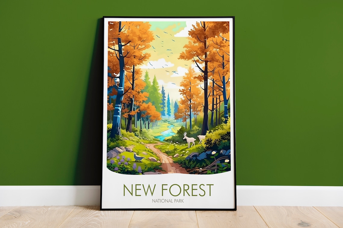 New Forest National Park England Autumn Deer Stream Travel Poster