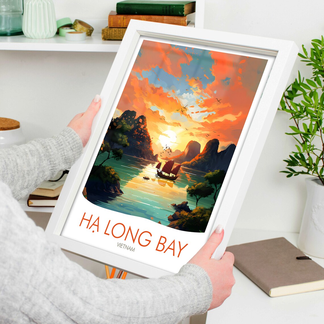 Ha Long Bay Vietnam Junk Boat Karsts Golden Sunset Travel Poster - Image 4