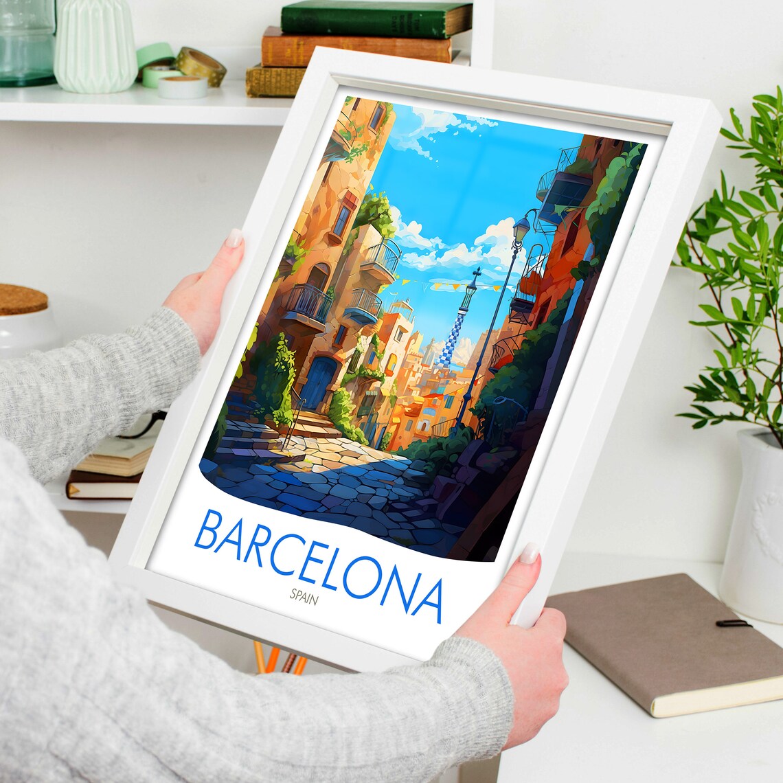Barcelona Spain Sunlit Alley Historic Balconies Vintage Travel Poster - Image 4