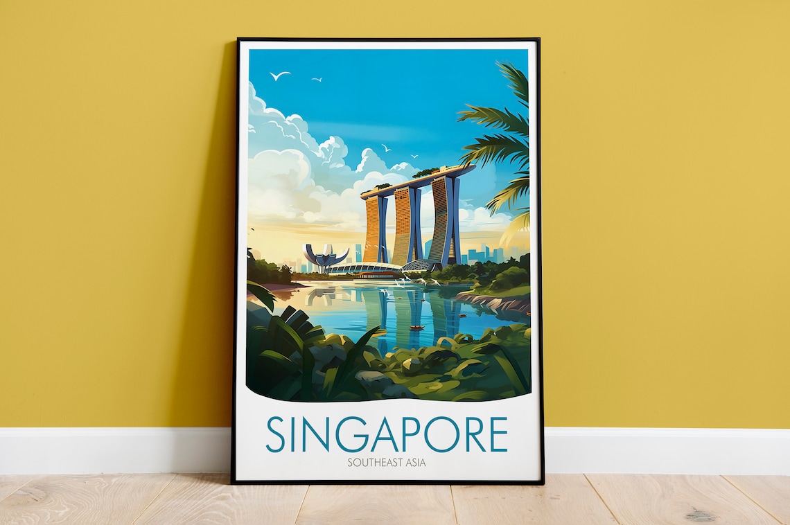 Singapore Marina Bay Sands Skyline Tropical Island Travel Poster