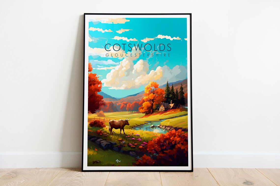 Cotswolds Gloucestershire Autumn Valley Cottage Stream Travel Poster - Image 2