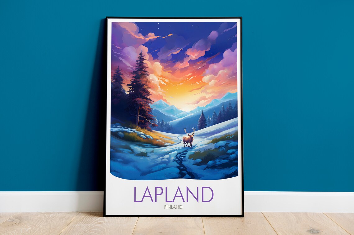 Lapland Finland Reindeer Snowy Valley Winter Sunset Sky Poster