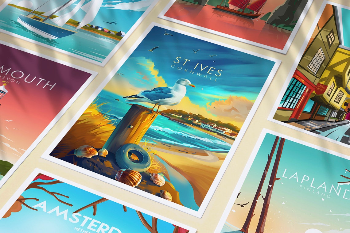 St Ives Cornwall Seagull on Post Beach Scene Coastal Art Travel Poster - Image 3