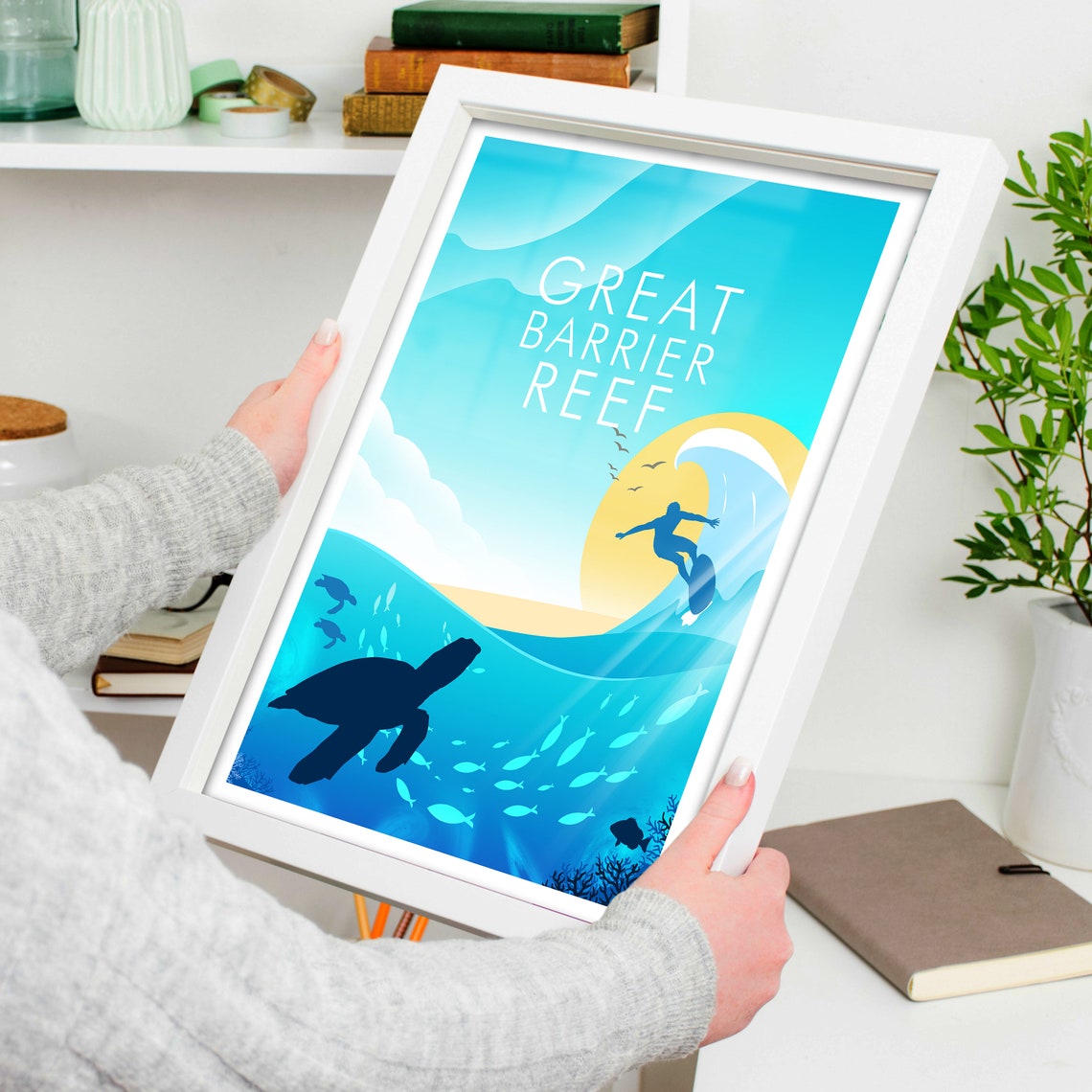 Great Barrier Reef Surfer Wave Sea Turtle Ocean Sunset Travel Poster - Image 4