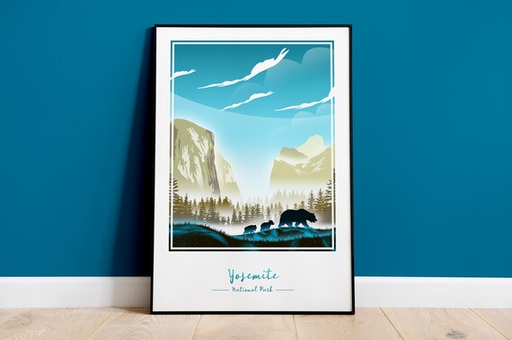 Yosemite National Park Granite Cliffs Bears Minimalist Valley Travel Poster