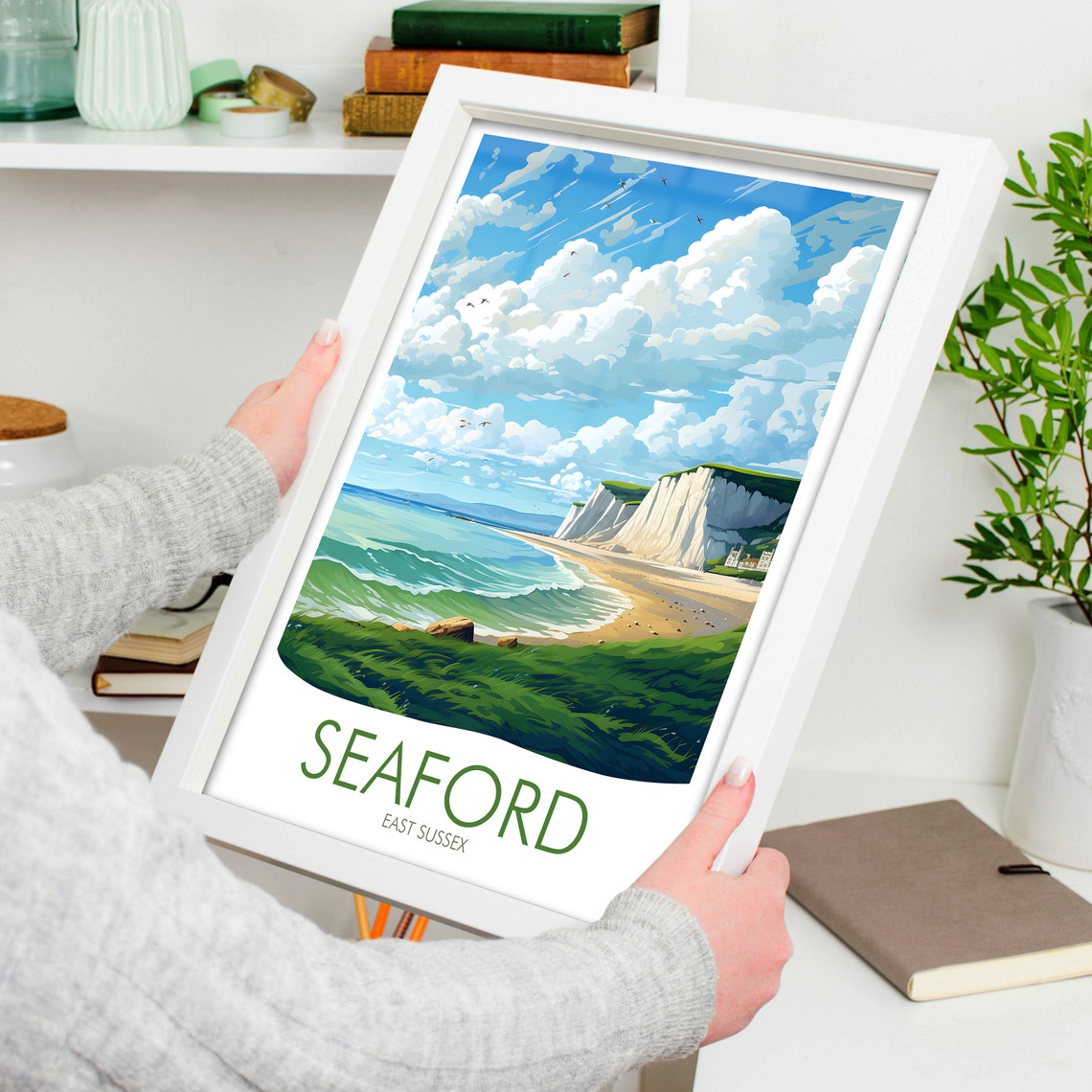Seaford East Sussex White Chalk Cliffs Coastal Beach View Poster - Image 4