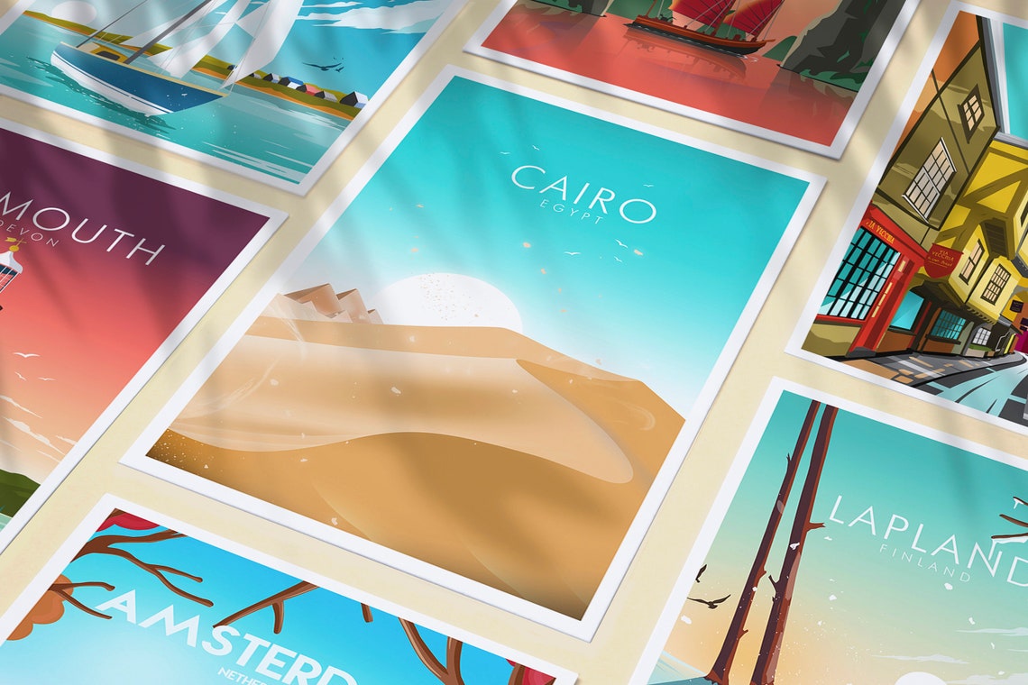 Cairo Egypt Desert Dunes and Pyramids Sunrise Scene View Poster - Image 3