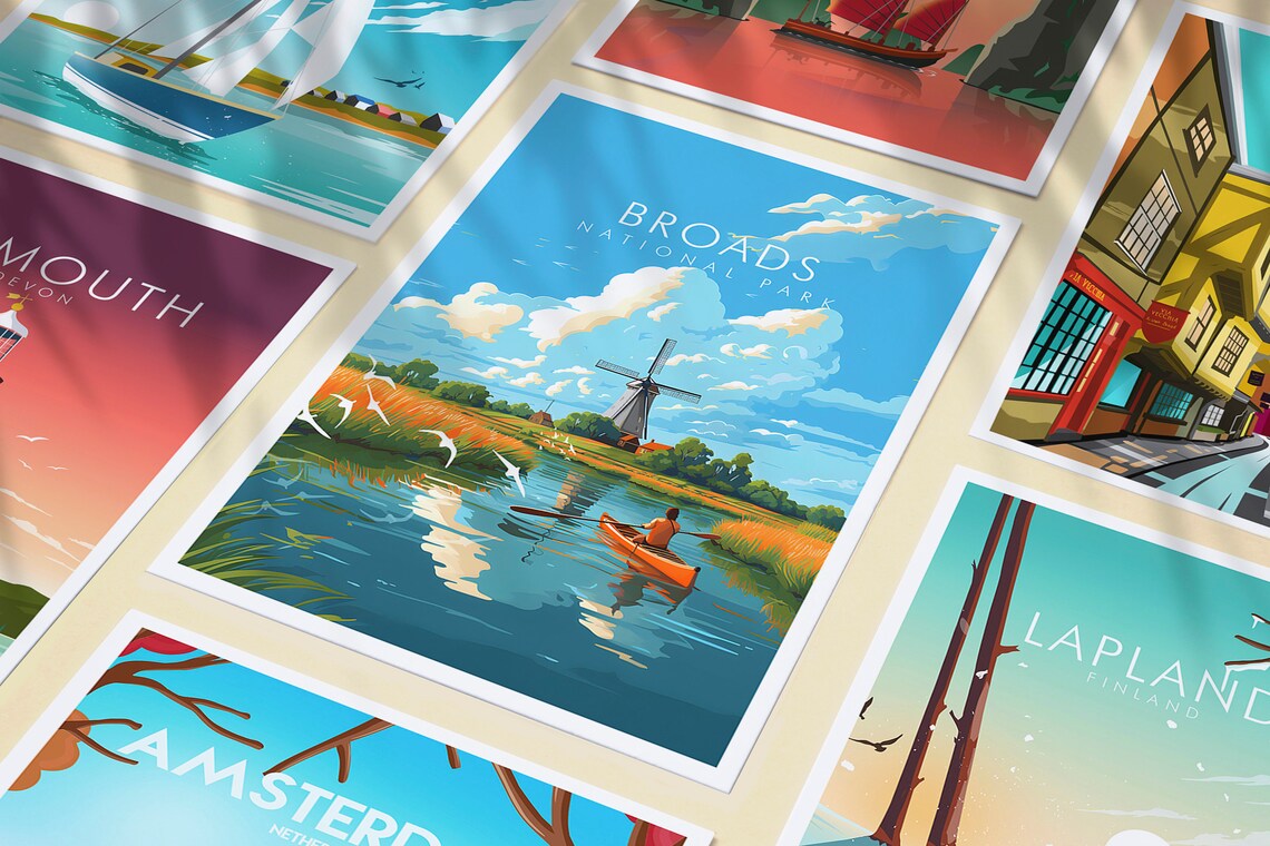 Broads National Park Windmill Kayak Waterway Classic Travel Poster - Image 3