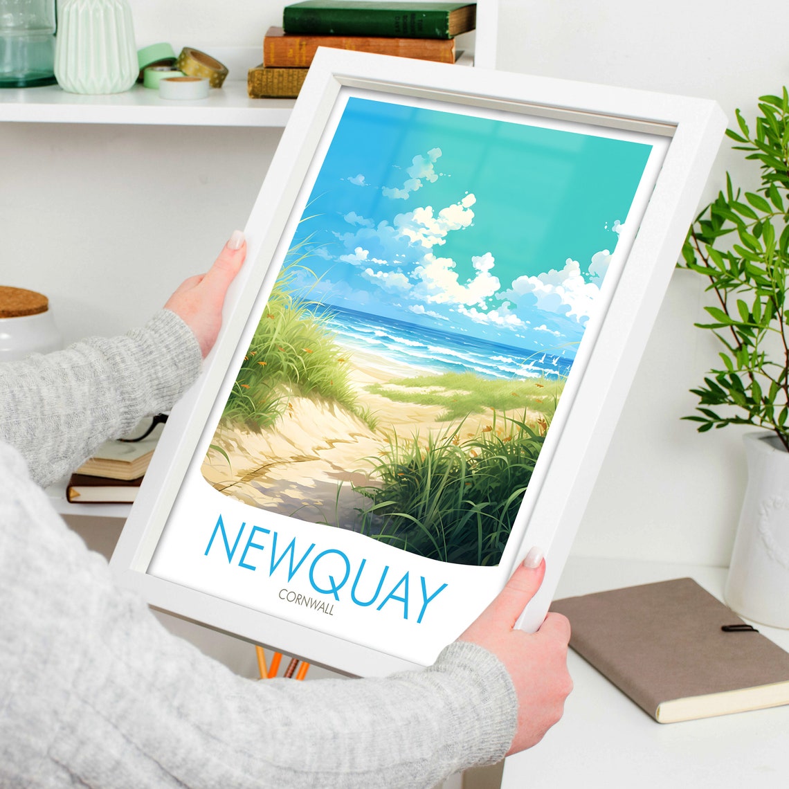 Newquay Cornwall Beach Dunes and Surf Waves Scene View Poster - Image 4
