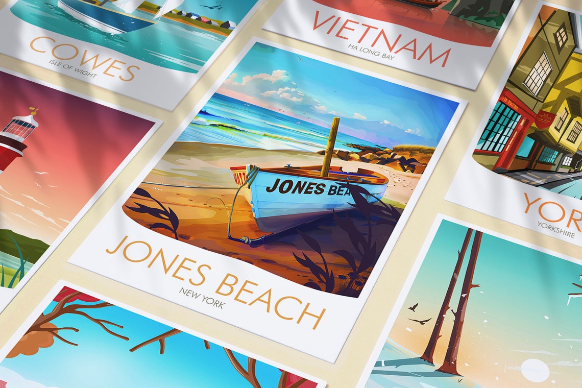 Jones Beach New York Beached Boat Coastal Sunset Scene Travel Poster - Image 3