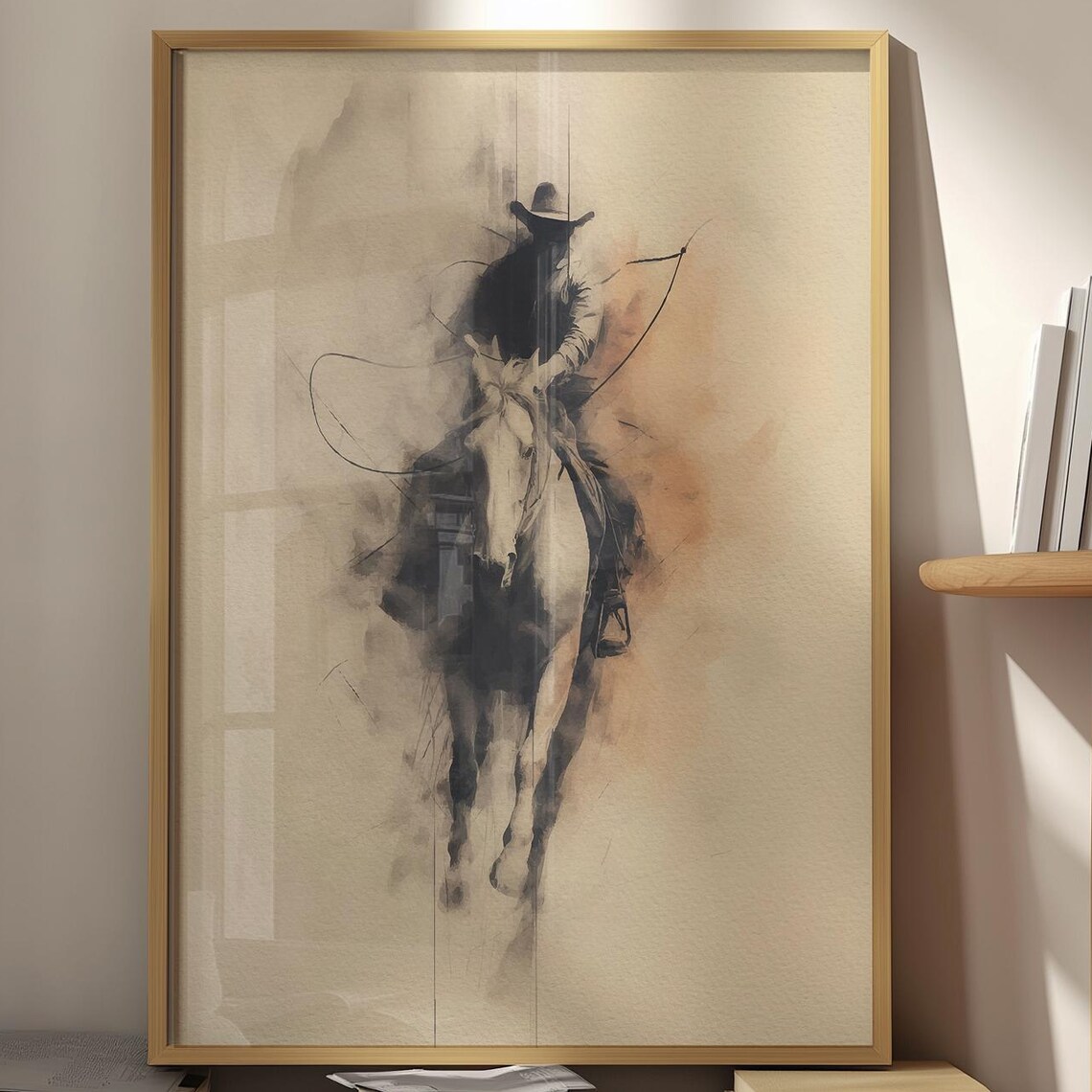 Watercolor Cowboy On Horseback Silhouette Western Ink Poster