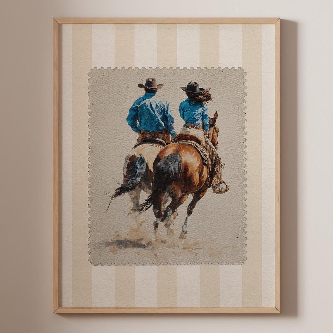 Cowboy Couple Riding Horses Vintage Stamp Style Western Poster