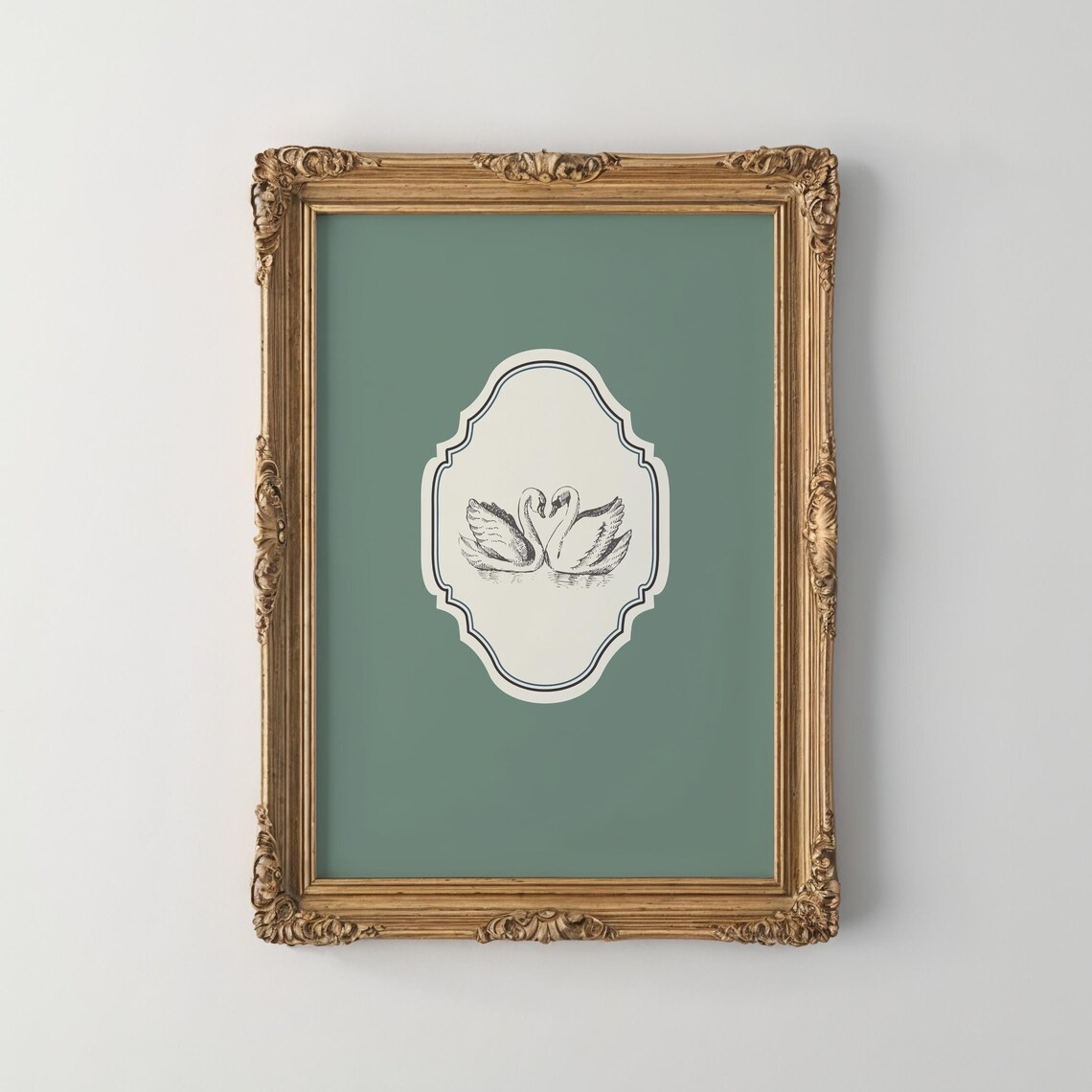 Vintage Swan Pair Heart Motif Sage Green Ornate Vertical Love Poster - Image 5