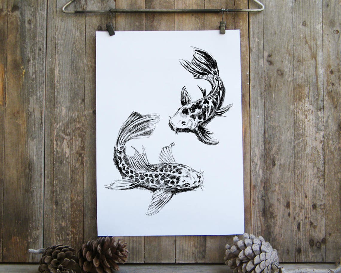 Koi Fish Ink Sketch Two Koi Swimming Japanese Style Art Poster - Image 3