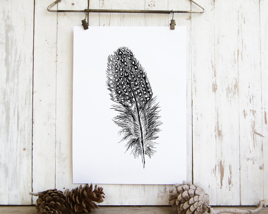 Peacock Feather Black and White Hand Drawn Nature Sketch Wall Art - Image 4