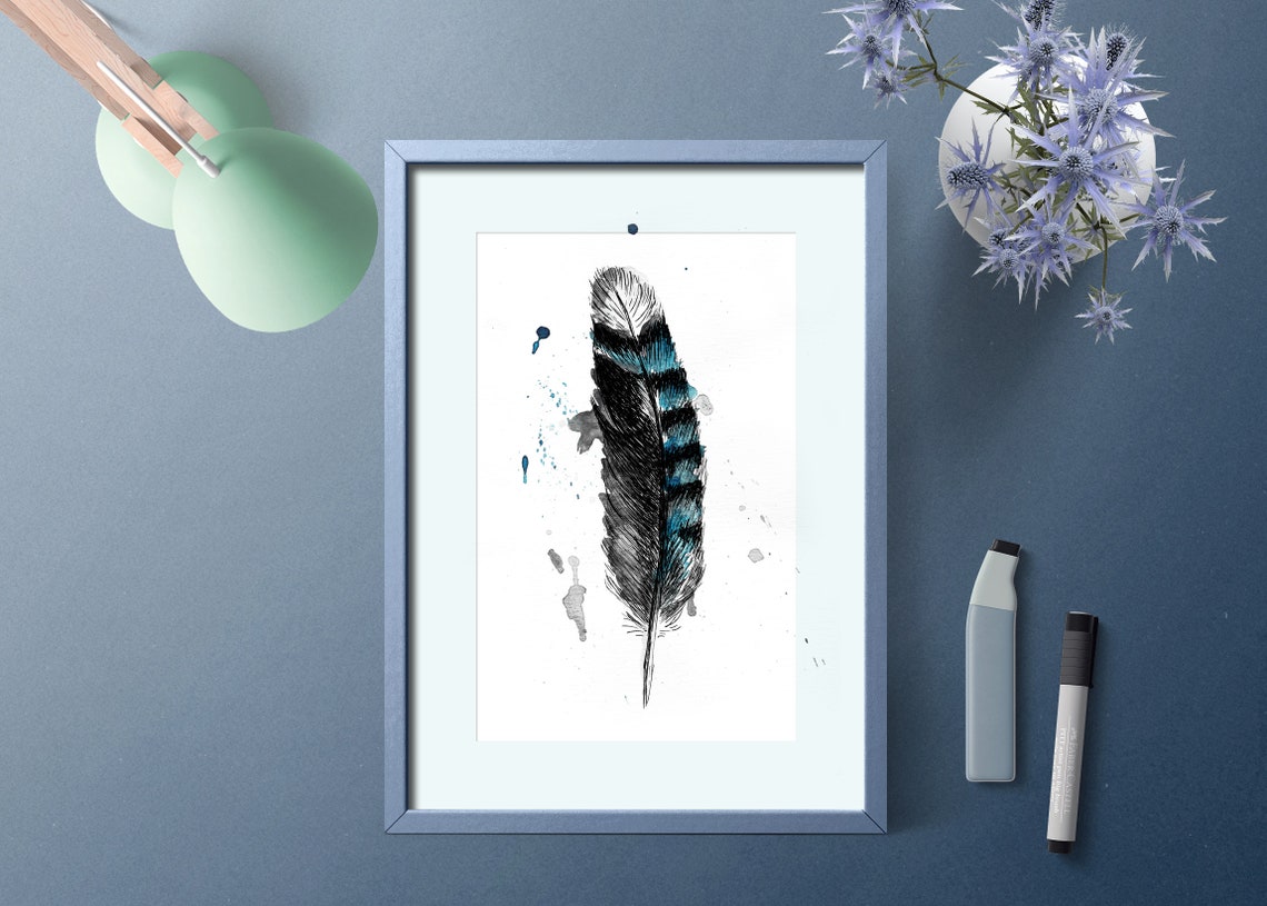 Blue Jay Striped Feather Watercolor Splash Nature Art Poster