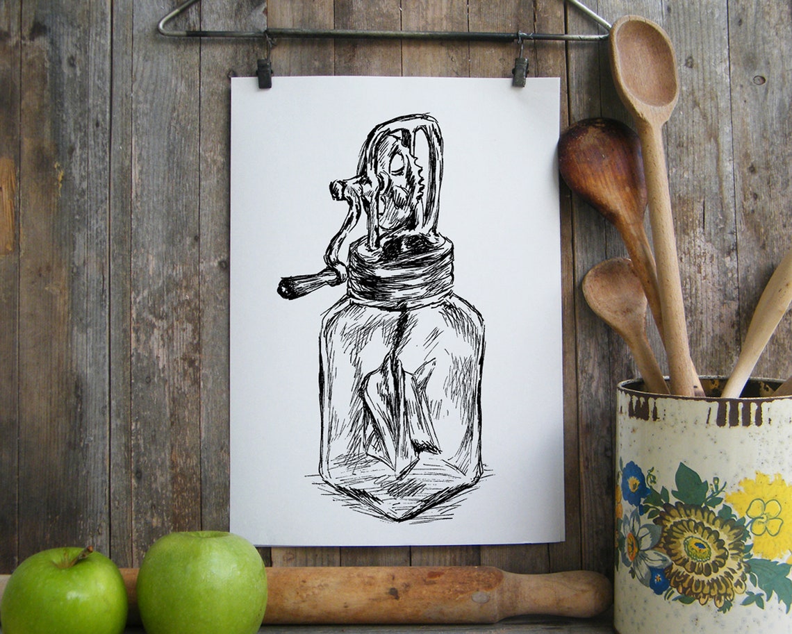 Antique Butter Churn Pen Sketch Rustic Kitchen Jar Art Poster