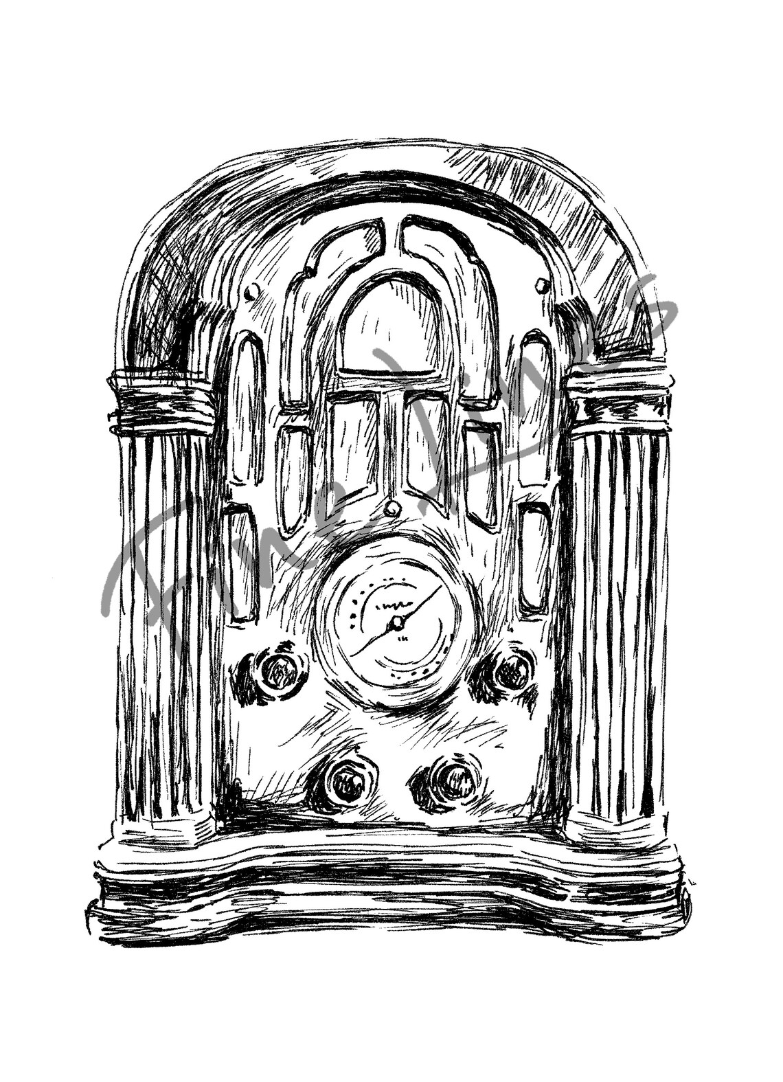 Vintage Cathedral Radio Ink Sketch Poster Retro Home Office Wall Decor - Image 3