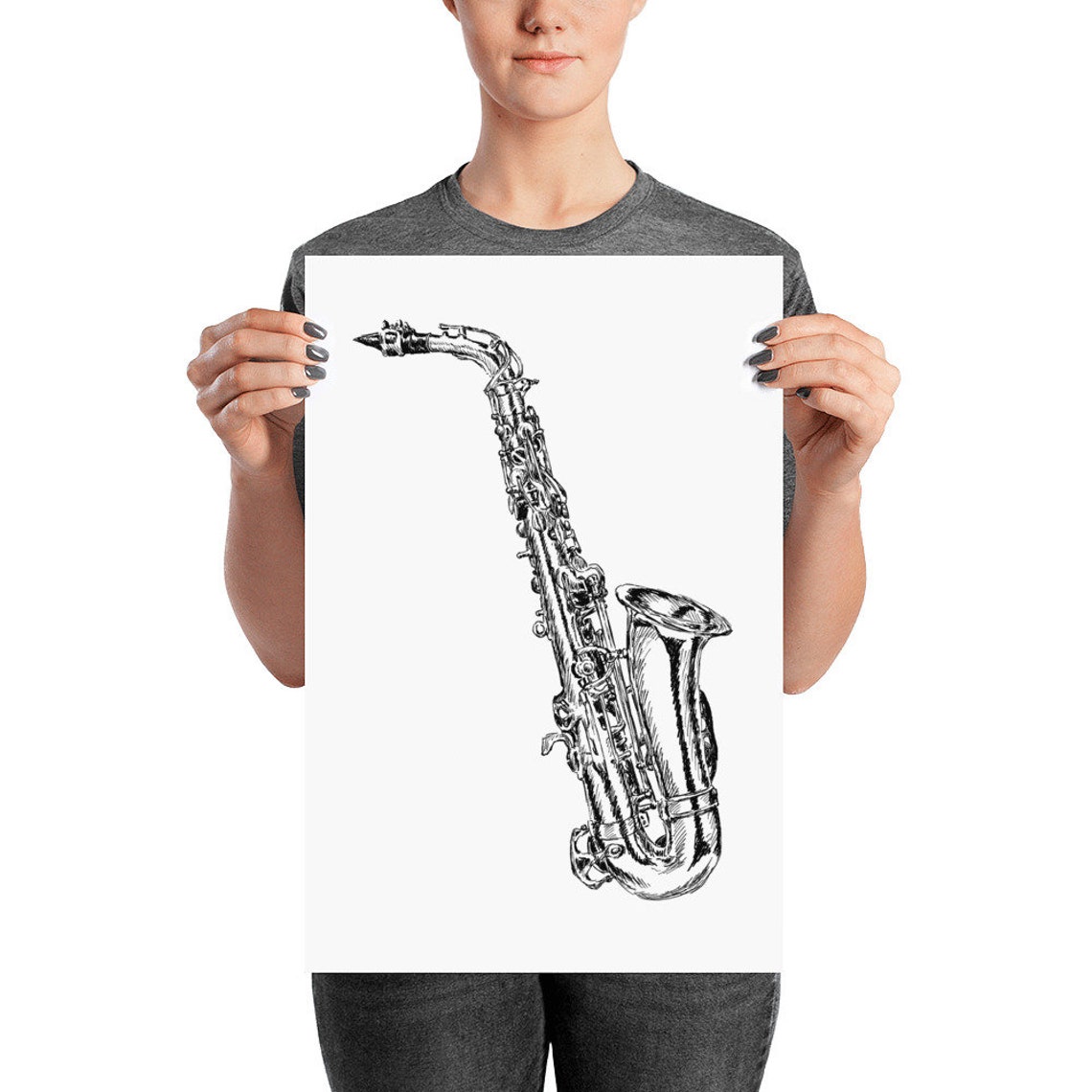 Saxophone Black And White Ink Sketch Jazz Instrument Minimalist Poster - Image 4