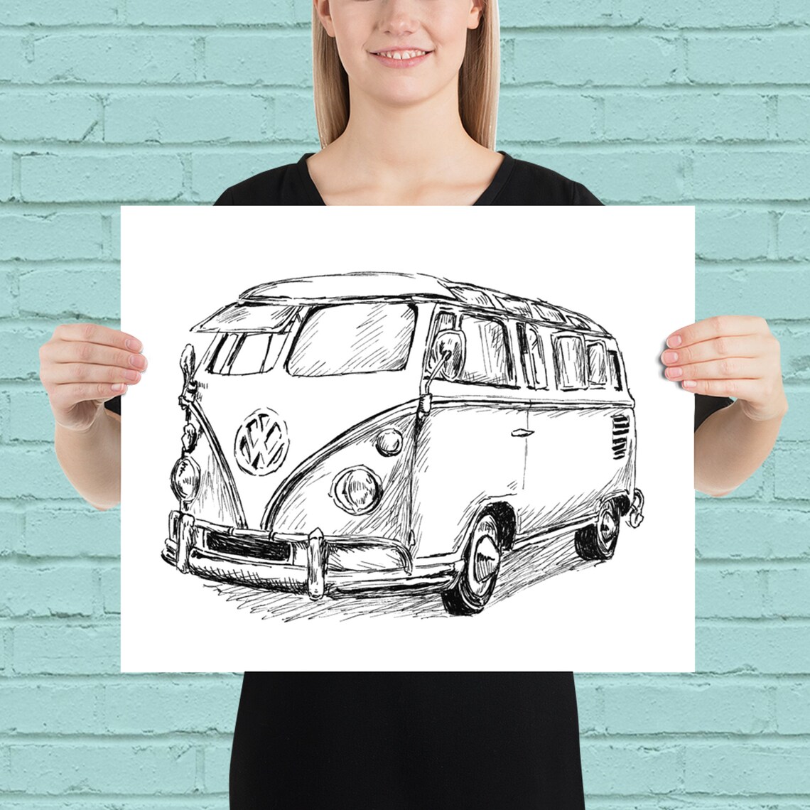 Volkswagen Van Ink Sketch Vintage VW Bus Retro Road Trip Art Poster - Image 3