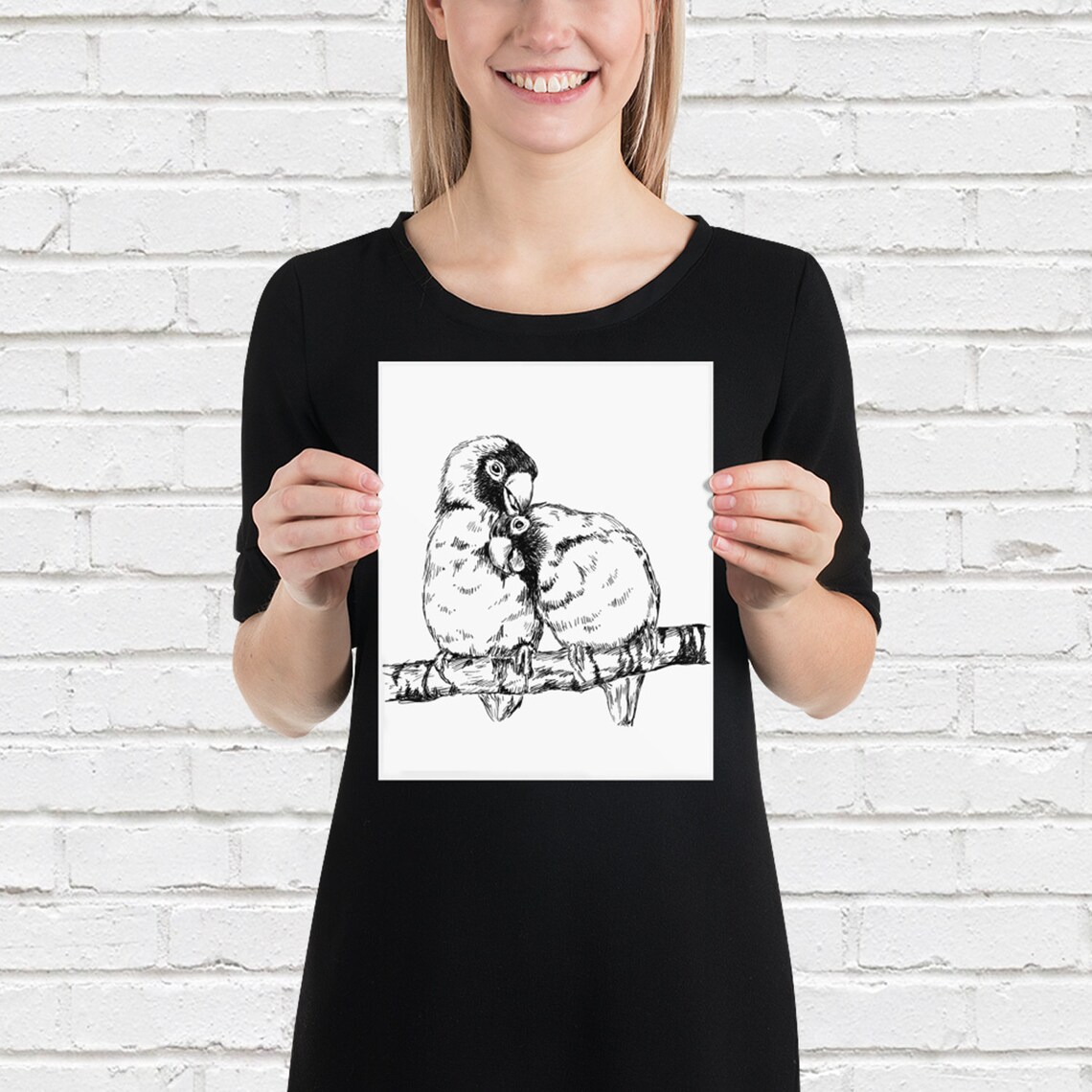 Lovebird Parrot Couple Ink Sketch Black White Tender Bird Print - Image 2
