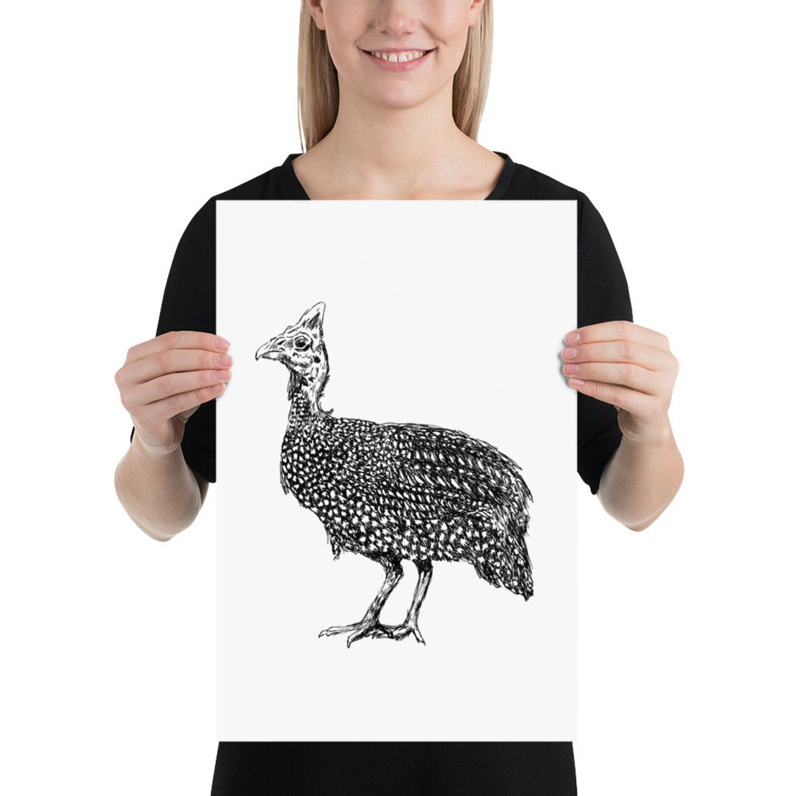 Guinea Fowl Bird Black and White Hand Drawn Wildlife Wall Art - Image 2