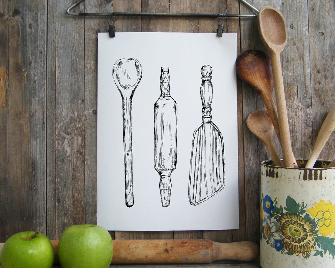 Vintage Kitchen Utensils Pen Sketch Rustic Cooking Tool Art Poster