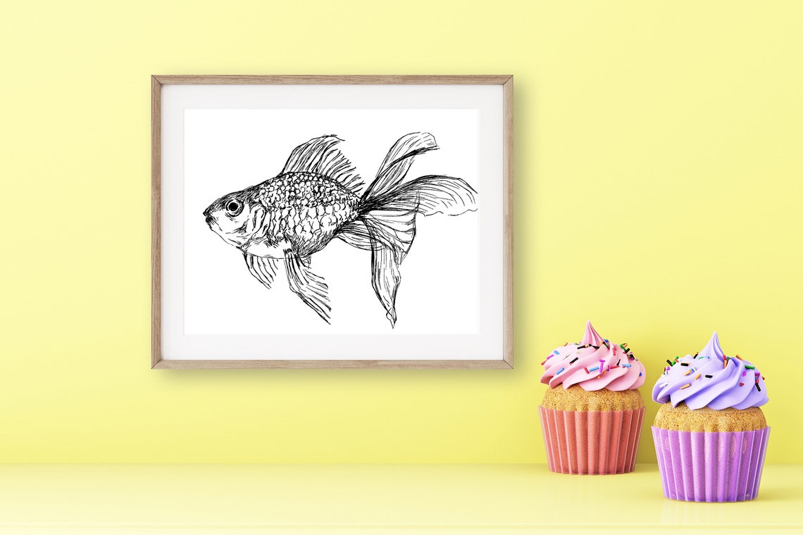 Goldfish Black White Ink Sketch Art Print Minimal Fish Decor
