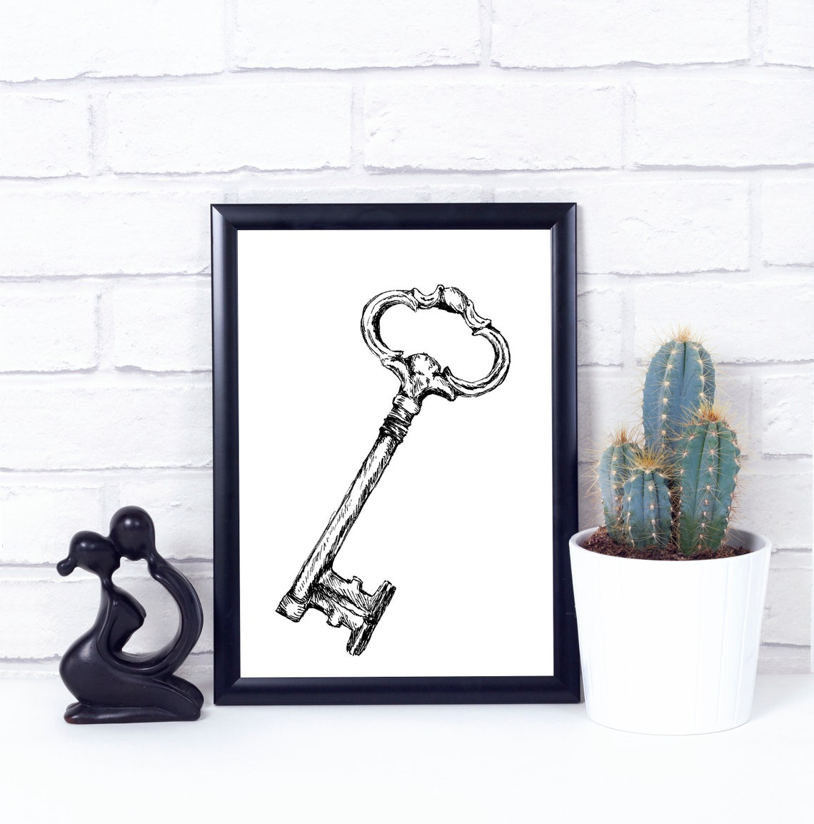 Vintage Antique Skeleton Key Ornate Ink Drawing Decor Wall Art - Image 3