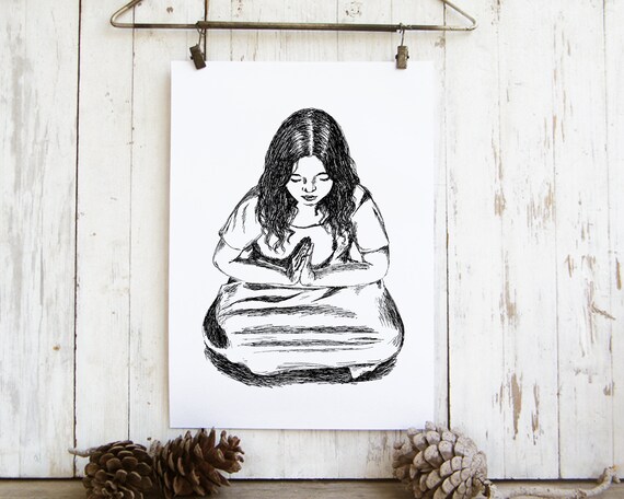 Meditating Woman Yoga Pose Ink Sketch Black and White Zen Art Poster