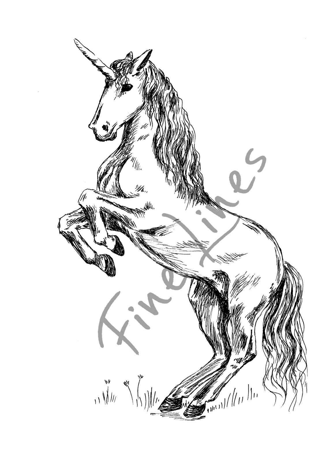 Rearing Unicorn Ink Sketch Magical Horse Kids Room Fantasy Poster - Image 2