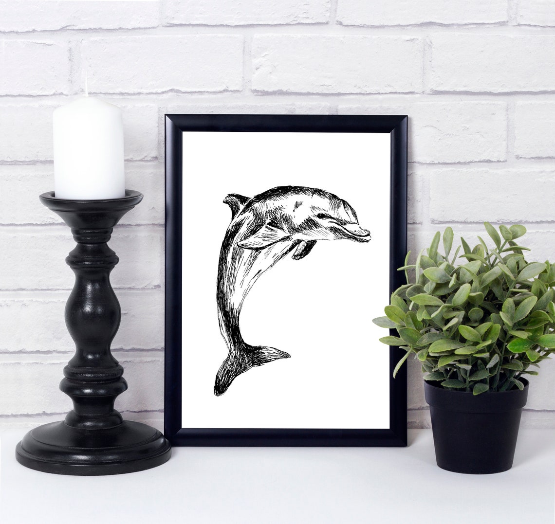 Leaping Dolphin Ink Sketch Ocean Animal Line Art Nautical Poster