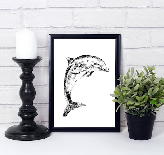 Leaping Dolphin Ink Sketch Ocean Animal Line Art Nautical Poster