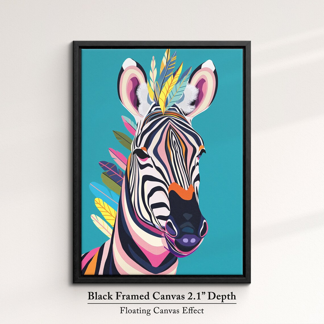 Zebra Head Portrait With Colorful Feathers Teal Background Art Poster - Image 2