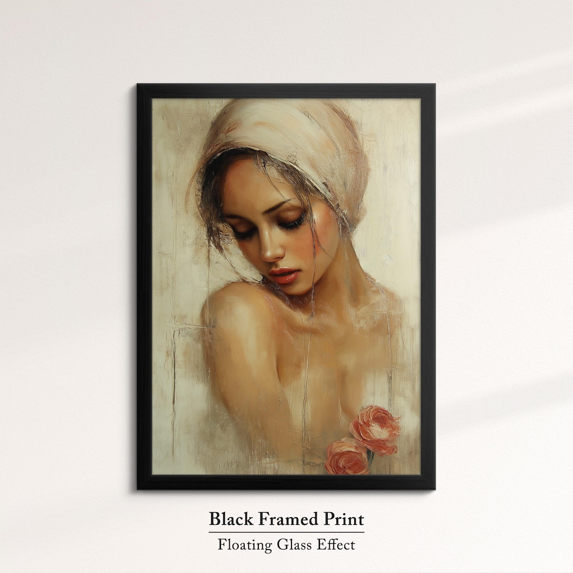 Contemplative Woman Portrait White Headscarf Roses Oil Painting Print - Image 8