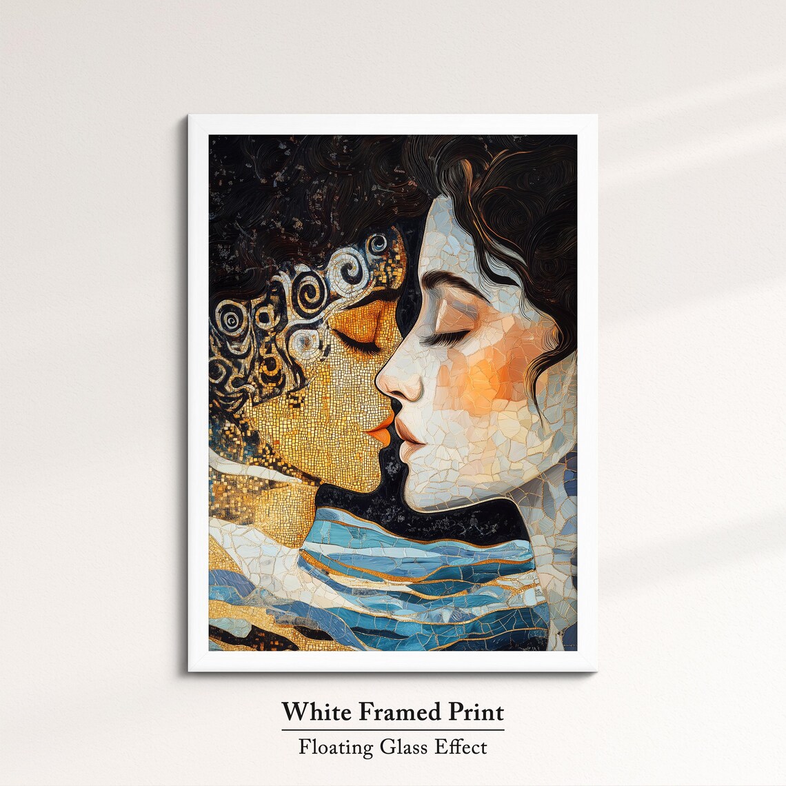 Golden Mosaic Couple Faces Art Nouveau Romantic Embrace Wall Art Print - Image 7