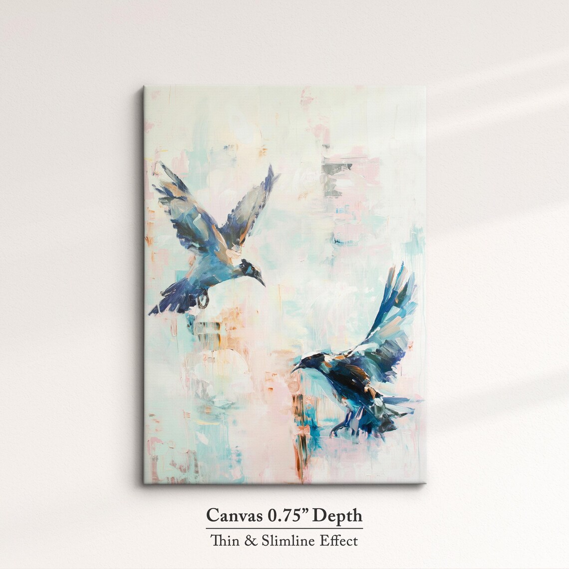 Two Crows In Flight Pastel Blue Watercolor Dark Bird Wall Art Poster - Image 4