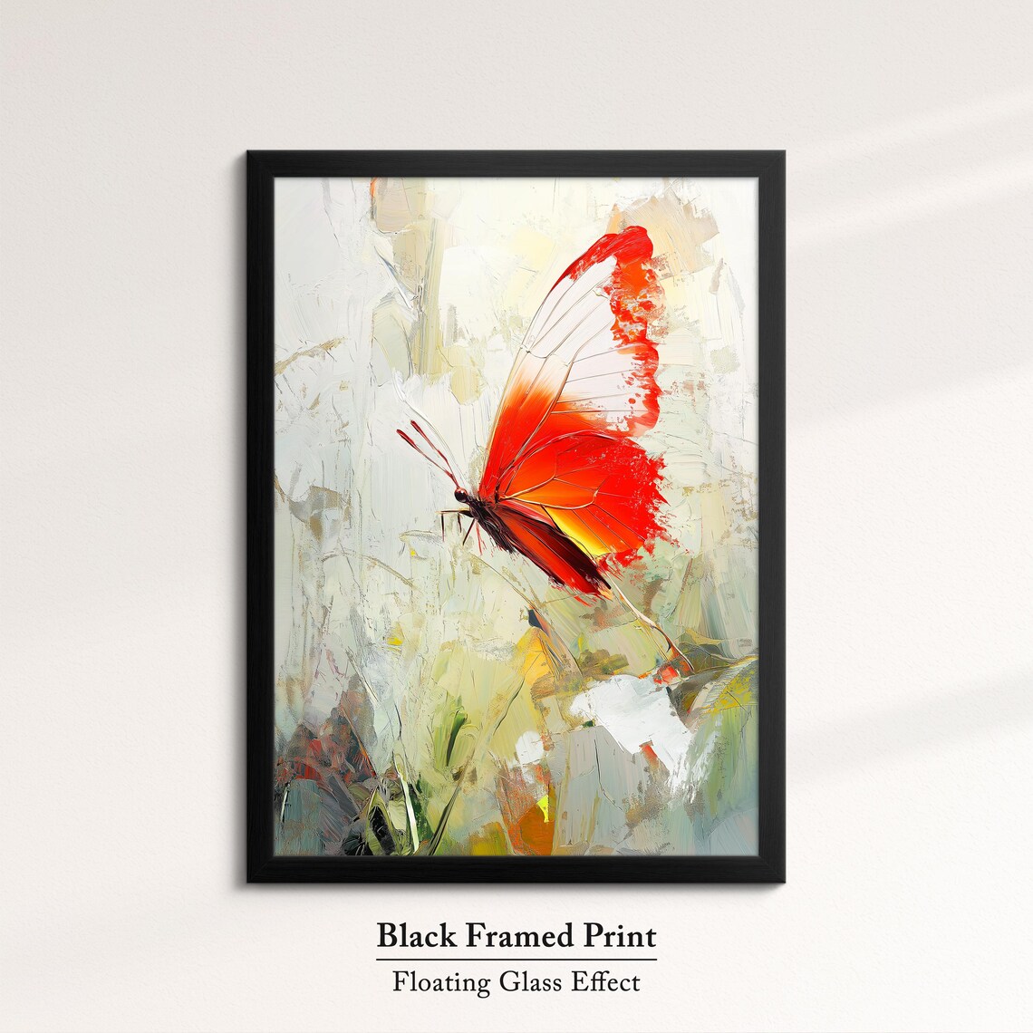 Red Orange Butterfly Oil Painting Cream Background Elegant Wall Art - Image 8