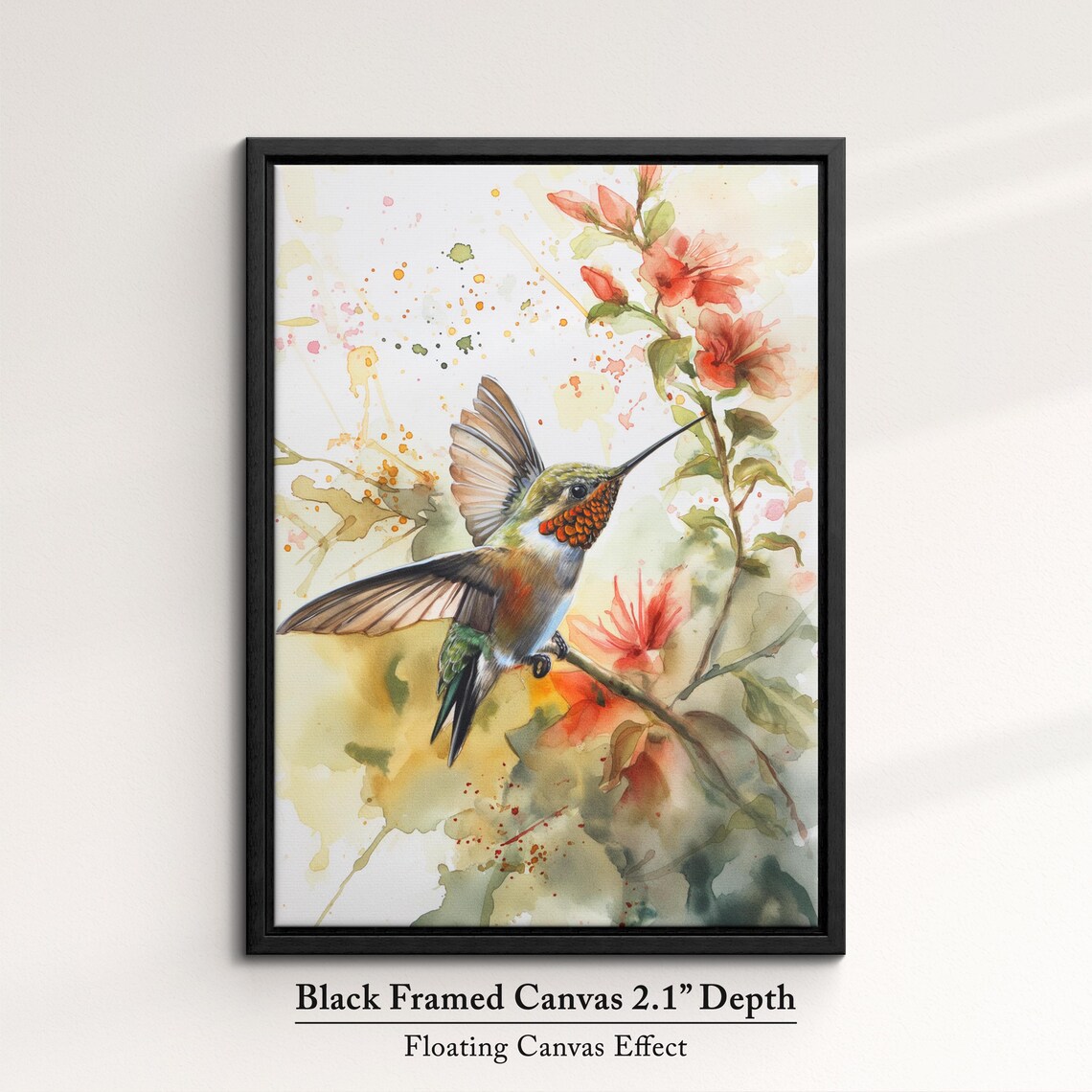 Hummingbird Feeding Orange Blossoms Watercolor Floral Wall Art Poster - Image 2