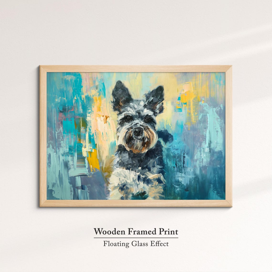 Schnauzer Sitting Portrait Teal Yellow Abstract Background Dog Poster - Image 6