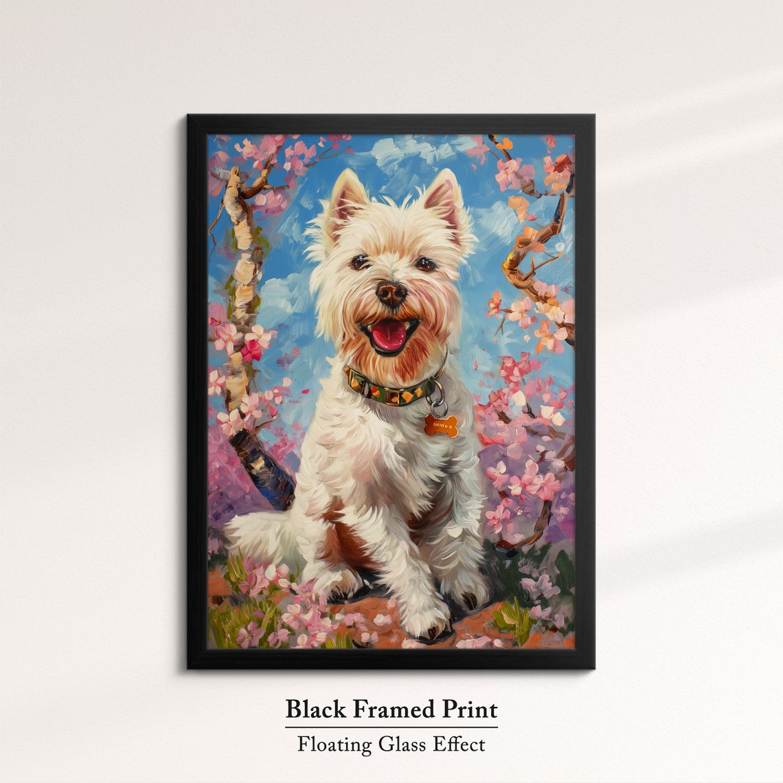 Smiling Westie With Bone Collar Tag In Blossom Branches Sky Art Poster - Image 8