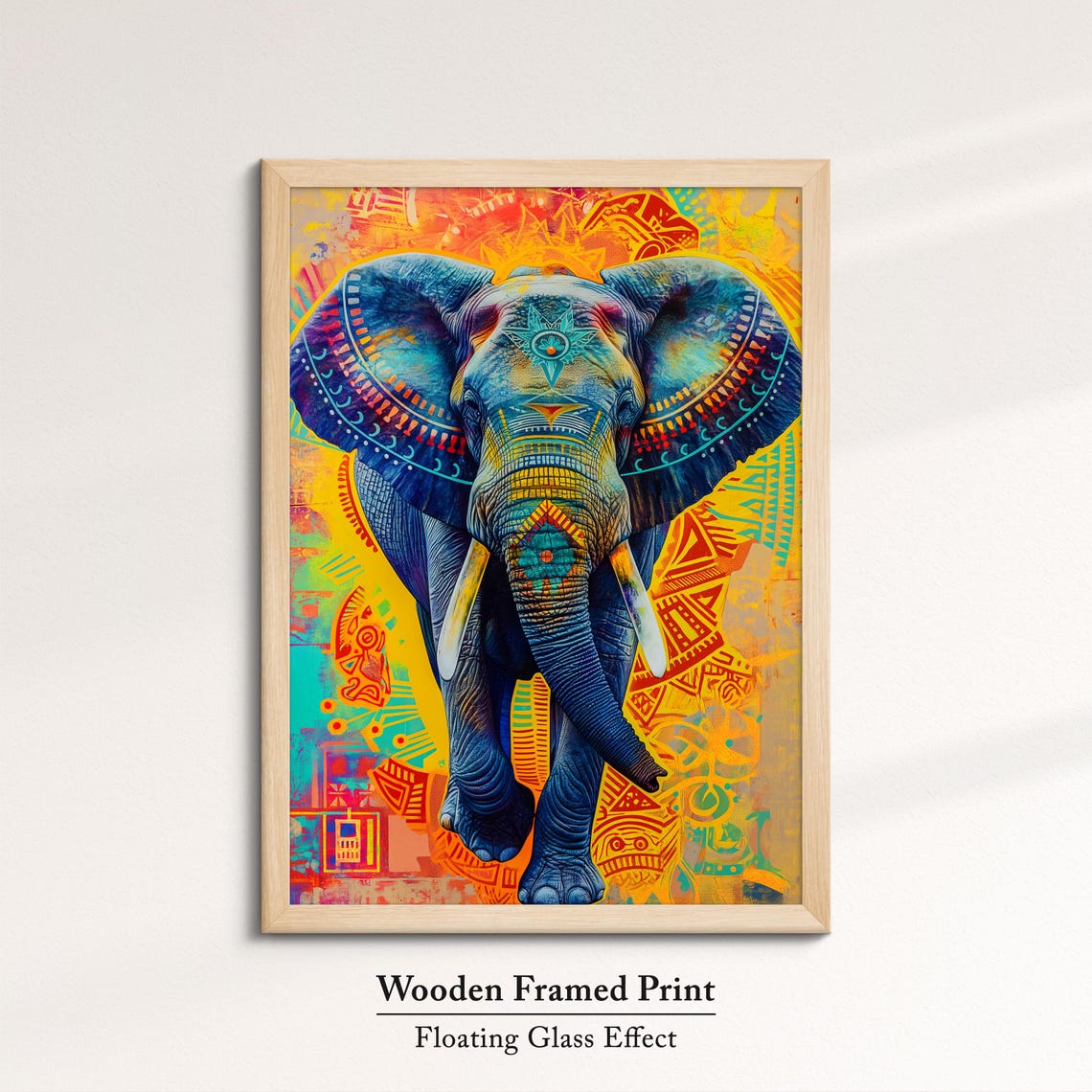 Blue Tribal Elephant Colorful Orange Yellow Folk Pattern Wall Poster - Image 6