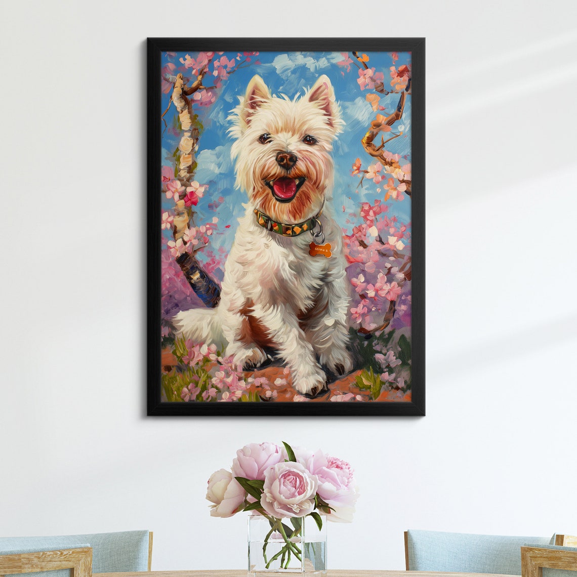 Smiling Westie With Bone Collar Tag In Blossom Branches Sky Art Poster - Image 3