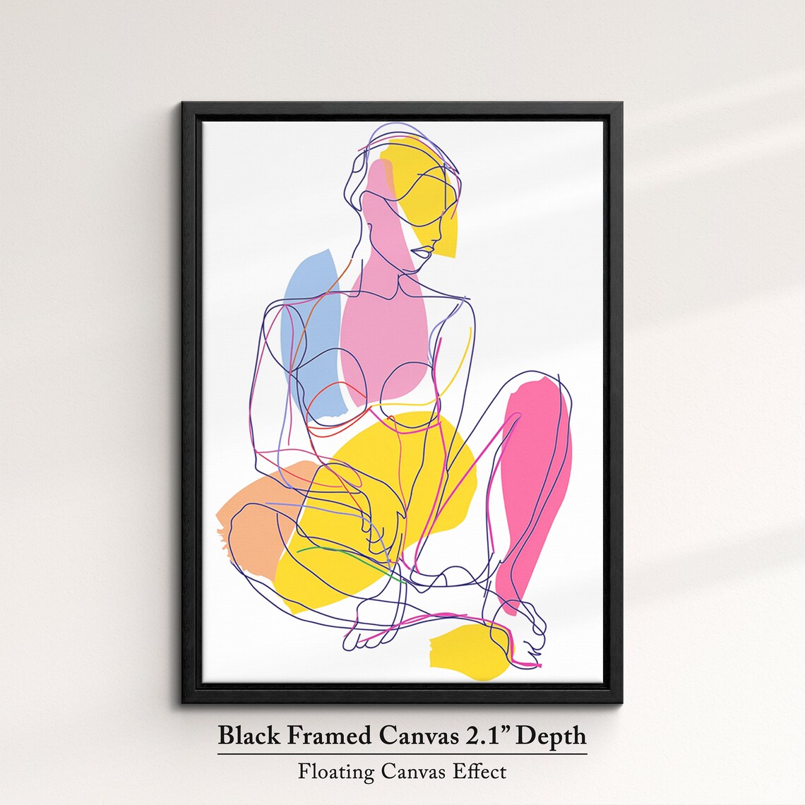 Colorful Seated Woman Line Art Abstract Blocks Pink Yellow Modern Wall Art Print - Image 2