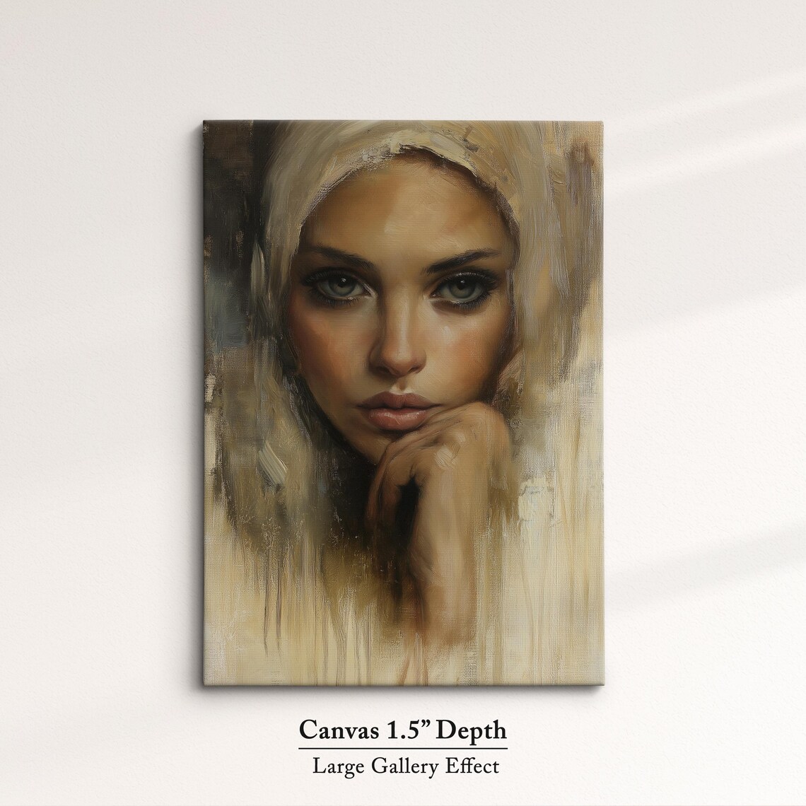 Serene Woman Portrait Neutral Tones Elegant Oil Painting Print - Image 3